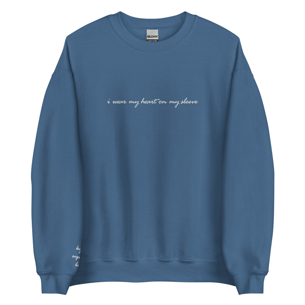 I wear my heart on my sleeve embroidered sweatshirt, customized  personalized embroidery crewneck  Child, Children, Family Names on sleeve - 6.jpg