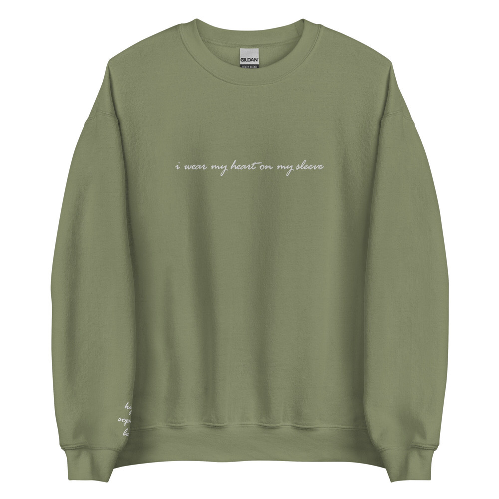 I wear my heart on my sleeve embroidered sweatshirt, customized  personalized embroidery crewneck  Child, Children, Family Names on sleeve - 7.jpg