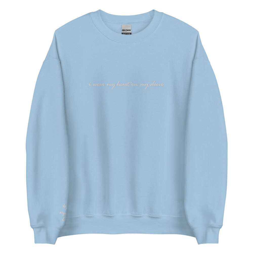 I wear my heart on my sleeve embroidered sweatshirt, customized  personalized embroidery crewneck  Child, Children, Family Names on sleeve - 8.jpg