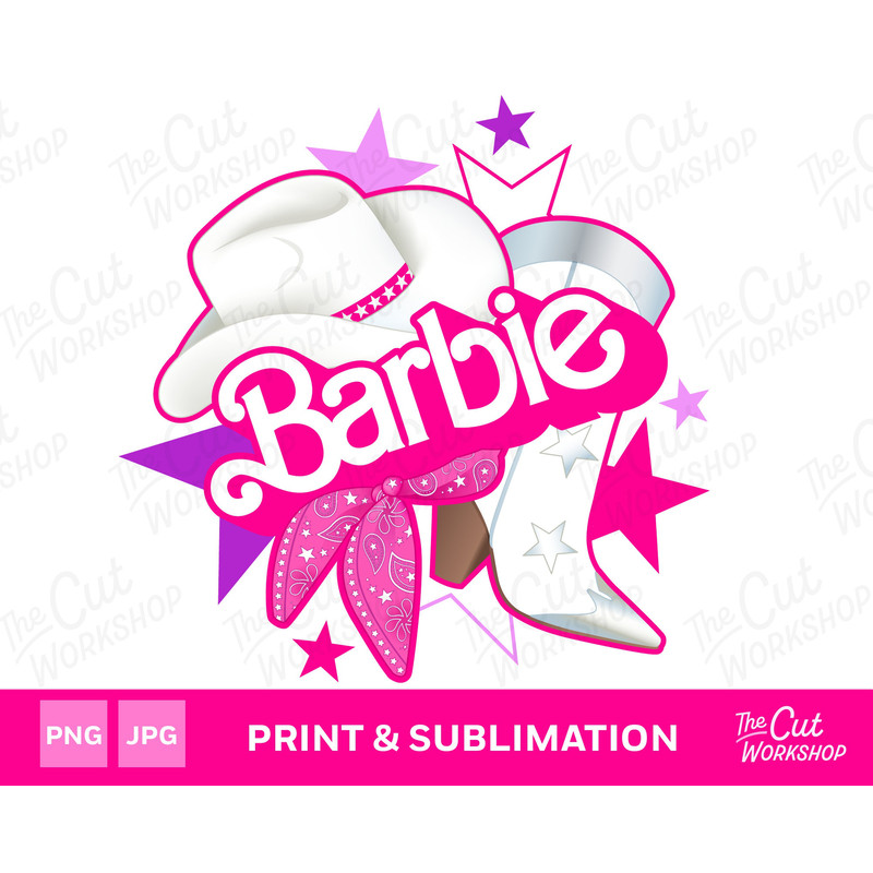 Barbi Western Country Cowboy Hat Bandana Boot Stars Pink Babe Doll Girly Retro 80s  PNG JPG Clipart Digital Download Sublimation - 1.jpg