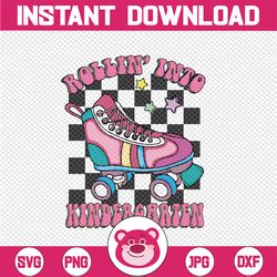 custom kids rolling into kindergarten groovy pink skate back to school svg, rollin into kinder svg, back to school png