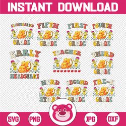 back to school pencil svg bundle, retro first day of school svg, grade pre k kindergarten pencil smiley teacher life ins