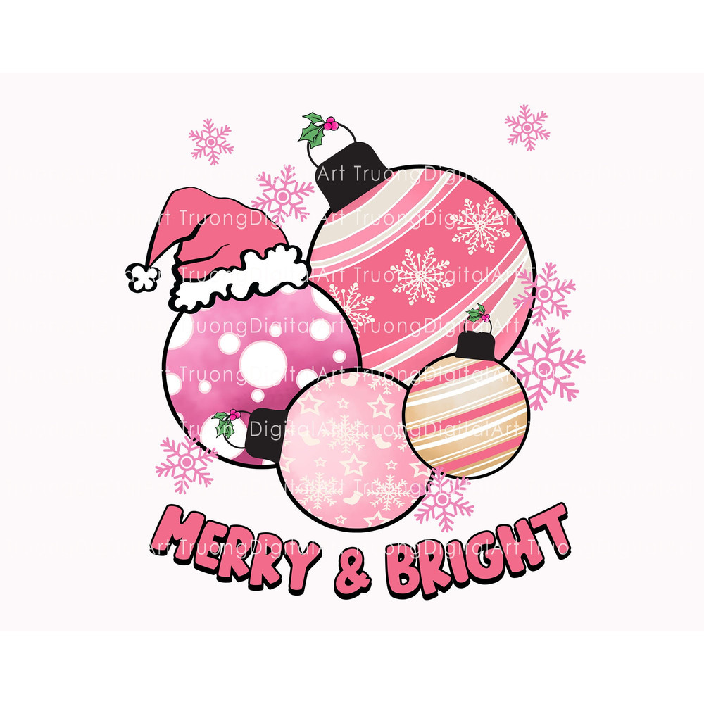 Merry & Bright Png, Pink Christmas Ball Png, Santa Hat Png, Happy Holiday, Pink Christmas Png, Pink Christmas Sublimation, Christmas Shirt - 1.jpg