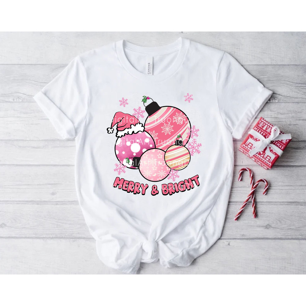 Merry & Bright Png, Pink Christmas Ball Png, Santa Hat Png, Happy Holiday, Pink Christmas Png, Pink Christmas Sublimation, Christmas Shirt - 2.jpg