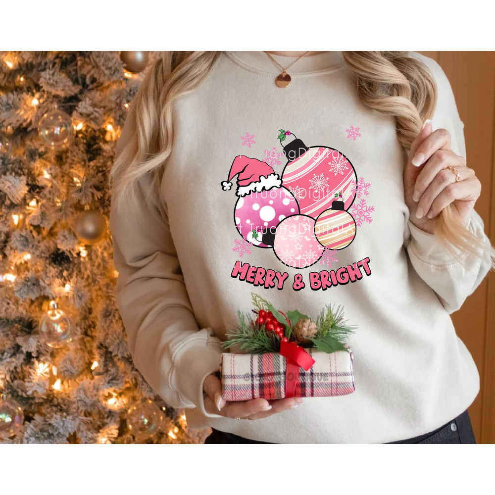 Merry & Bright Png, Pink Christmas Ball Png, Santa Hat Png, Happy Holiday, Pink Christmas Png, Pink Christmas Sublimation, Christmas Shirt - 3.jpg