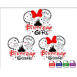birthday girl svg, birthday squad svg, family trip 2023 svg, mickey mouse and minnie mouse head with castle fireworks, s