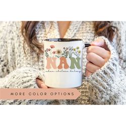nan mug with grandkids names, personalized nan wildflowers mug, grandkids names mug, custom grandma coffee mug, mother's