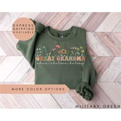 great grandma sweatshirt with names, personalized great grandma wildflowers sweatshirt, grandkids names sweater, great g