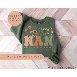 nan sweatshirt with names, personalized nan wildflowers sweatshirt, grandkids names sweater, nan crewneck, mother's day