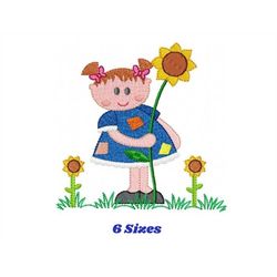 girl with sunflowers embroidery designs - baby girl embroidery design machine embroidery pattern - spring sunflower embr