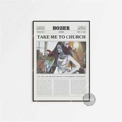 hozier retro newspaper print, take me to church poster, take me to church lyrics print, hozier poster, poster, home deco