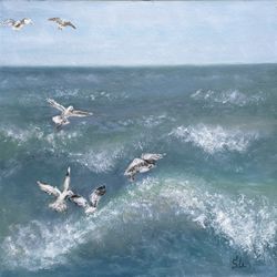 Seagulls Oil Painting Original Art Wall Art Seascape Waves Sea Birds Sunny Day Storm Cardboard 12x12 inches