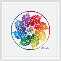 Cross stitch pattern mandala Leaves silhouette pinwheel rainbow ornament abstract tree colorful counted patterns PDF