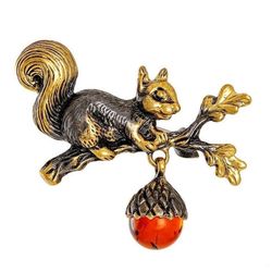 Squirrel Oak Branch Brooch Christmas Small Cute gift Girl woman Squirrel with Amber Acorn  Fall jewelry brooch gold