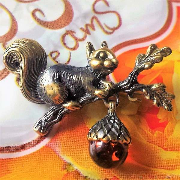 Squirrel Branch Brooch Christmas Small Cute gift Girl woman Squirrel  Amber Acorn Animal Fall jewelry brooch gold.jpg