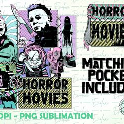horror movies pocket set png - horror movie halloween scream jason spooky shirt design png, halloween png, retro hallowe