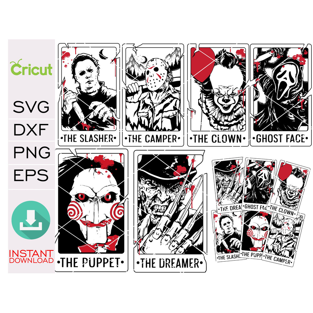 Horror Characters Tarot Card SVG, Horror svg, Horror friends svg, Halloween svg, Cricut cut files, Instant download - 1.jpg