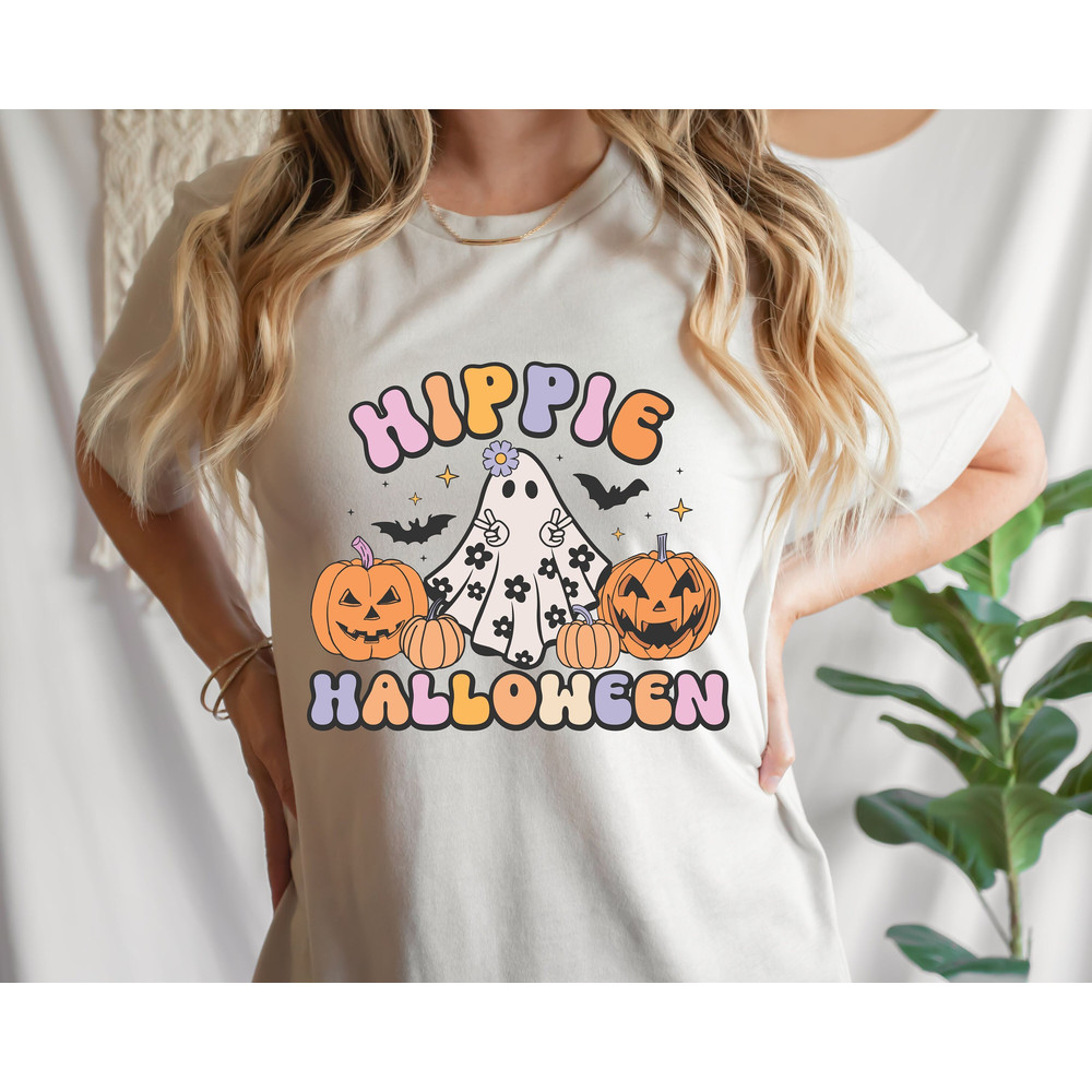 Hippie Halloween png, Retro Ghost png, Retro Halloween Design, Cute Ghost Flowers png, Spooky Ghost png, Cute Halloween Sublimation Design - 1.jpg