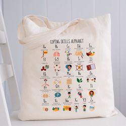 coping skills alphabet tote bag, mental health awareness, sc