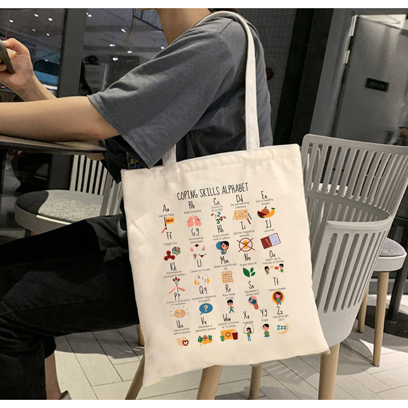Coping Skills Alphabet Tote Bag, Mental Health Awareness, School Counselor Gifts, Canvas tote bag - 2.jpg