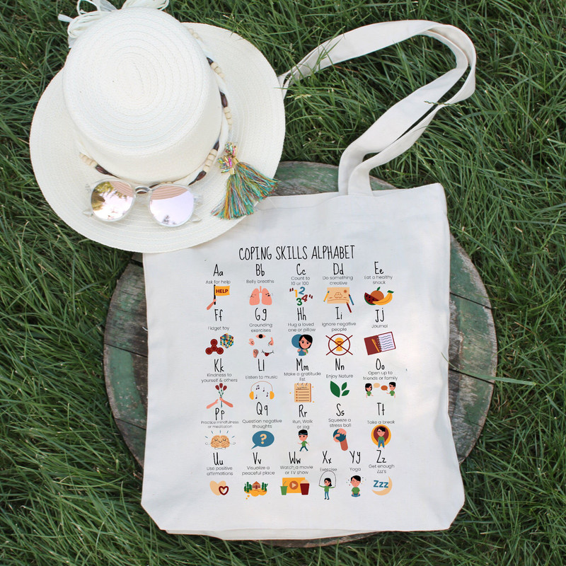 Coping Skills Alphabet Tote Bag, Mental Health Awareness, School Counselor Gifts, Canvas tote bag - 3.jpg