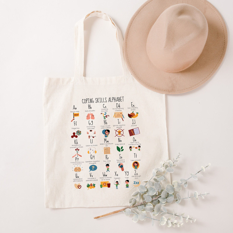 Coping Skills Alphabet Tote Bag, Mental Health Awareness, School Counselor Gifts, Canvas tote bag - 4.jpg