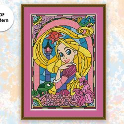 Stained glass cross stitch pattern "Rapunzel" SG002 - xstitch chart, cartoons and movies cross stitch characters