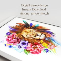 Lion Tattoo Designs Colourful Lion Flowers Tattoo Sketch Lion Tattoo Ideas, Instant download JPG, PNG files