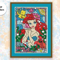 Stained glass cross stitch pattern "Ariel" SG005 - xstitch chart, cartoons and movies cross stitch characters