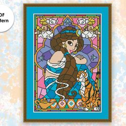 Stained glass cross stitch pattern "Jasmine" SG006 - xstitch chart, cartoons and movies cross stitch characters