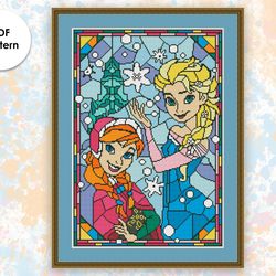 Stained glass cross stitch pattern "Anna & Elsa" SG007 - xstitch chart, cartoons and movies cross stitch characters