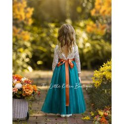 teal blue tulle flower girl dress, fall flower girl dress, rustic lace flower girl dress, boho flower girl dress, flower