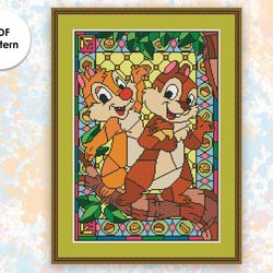 Stained glass cross stitch pattern "Chip & Dale" SG009- xstitch chart, cartoons and movies cross stitch characters
