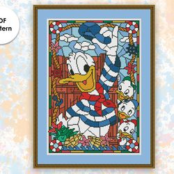 Stained glass cross stitch pattern "Donald Sailor" SG010 - xstitch chart, cartoons and movies cross stitch characters
