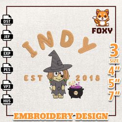 cartoon bluey dog embroidery design, bluey dog witch embroidery design, horror halloween embroidery machine design, inst