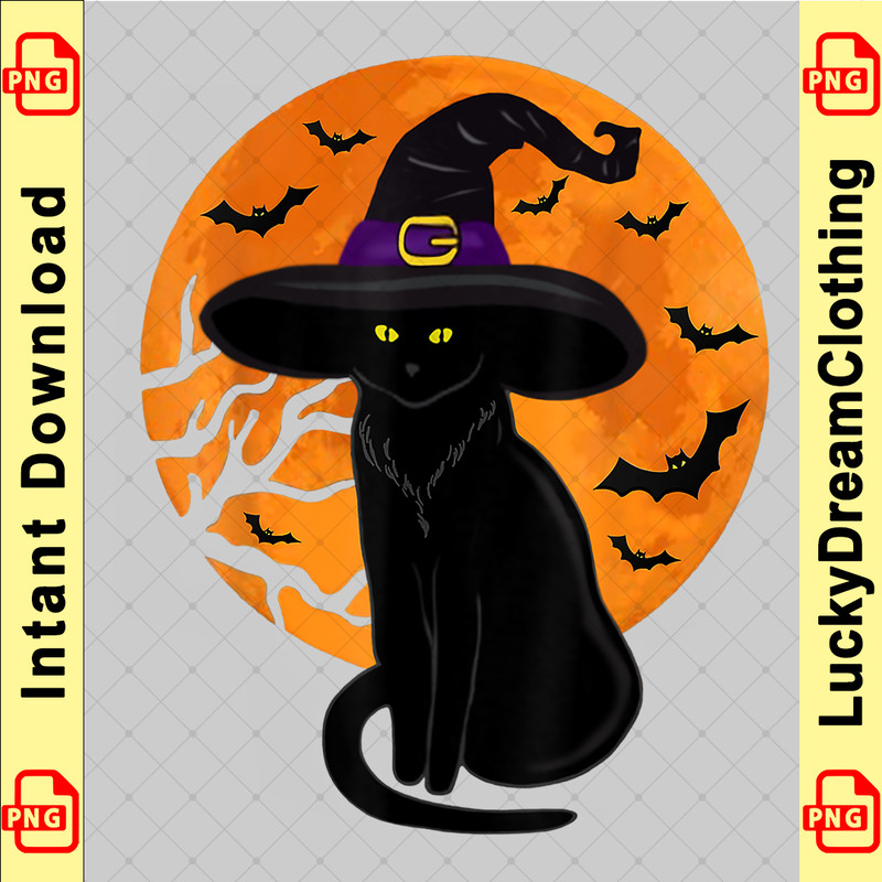 Vintage Scary Halloween Black Cat Costume Witch Hat & Moon copy.png