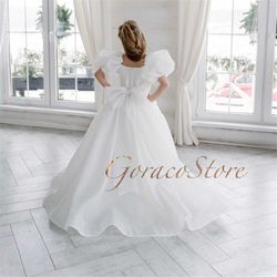 satin flower girl dress white, flower girl dress puffy sleeve, flower girl dress ivory toddler,flower girl dress big bow
