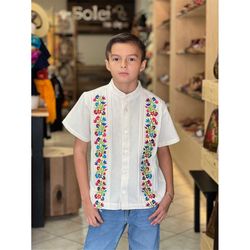 floral embroidered guayabera for boys. sizes 2t-16. traditional style. ethnic style. typical mexican shirt. boho hippie
