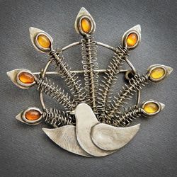 Bird brooch with amber, Amber jewelry, peacock