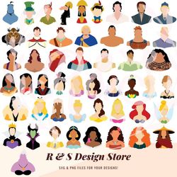 huge character bundle, princesses, princes, villains, silhouettes, colour, png, svg.