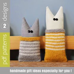 Cats dolls sewing and knitted patterns PDF set of 2 tutorials in English, 2 Cats in knitted bags (2 designs and 2 sizes)