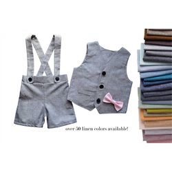 ring bearer outfit, suspender shorts for vintage style weddings, suit with linen vest blazer and bowtie, baby, toddler a