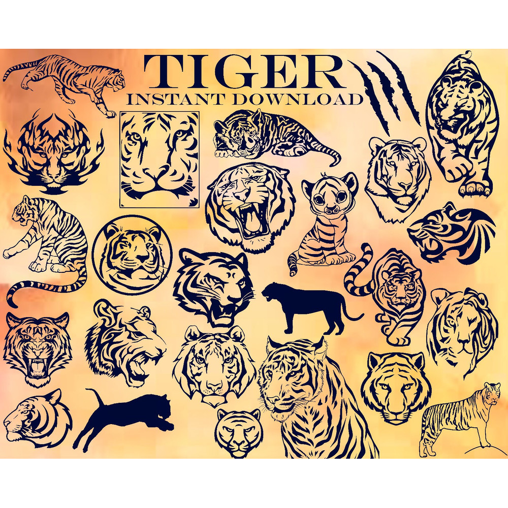 TIGER Bundle Silhouettes, 25 Images, Tiger Svg, Tiger PNG, Tiger Silhouette , Tiger Clipart , Angry Tiger Svg - 1.jpg