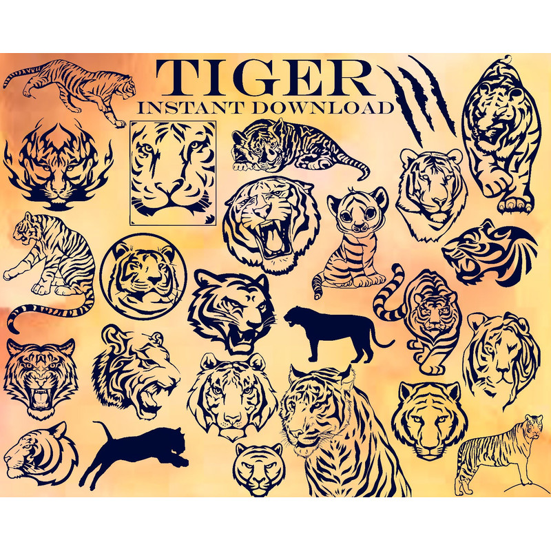 TIGER Bundle Silhouettes, 25 Images, Tiger Svg, Tiger PNG, Tiger Silhouette , Tiger Clipart , Angry Tiger Svg - 1.jpg
