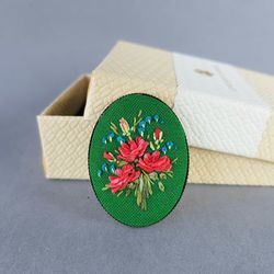 Ribbon embroidered green brooch, 4th wedding anniversary gift, custom embroidery bouquet