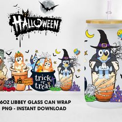 Halloween Blue Dog Coffee Glass Can Wrap Design, Libbey Glass Can Wrap Png, Halloween Cartoon Glass Wrap