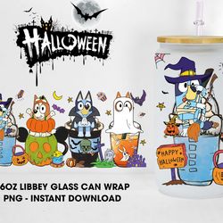Halloween Coffee Glass Wrap Sublimation Design Png, Blue Dog Halloween 16oz Libbey Glass Can Wrap Png