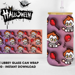 3D Inflated Halloween Cute Clown 16oz Coffee Glass Wrap, Horror Movie 16oz Libbey Glass Wrap Png, Halloween Glass Wrap