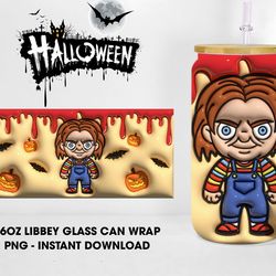 Inflated Killer Doll Glass Wrap Png, Horror Movie 16oz Libbey Glass Can Wrap Png, Halloween Doll Glass Can Wrap
