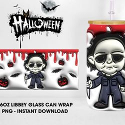 Inflated Halloween Killer Glass Can Design PNG Sublimation, Horror Movie 16oz Libbey Glass Can Wraps, Spooky Glass Can W